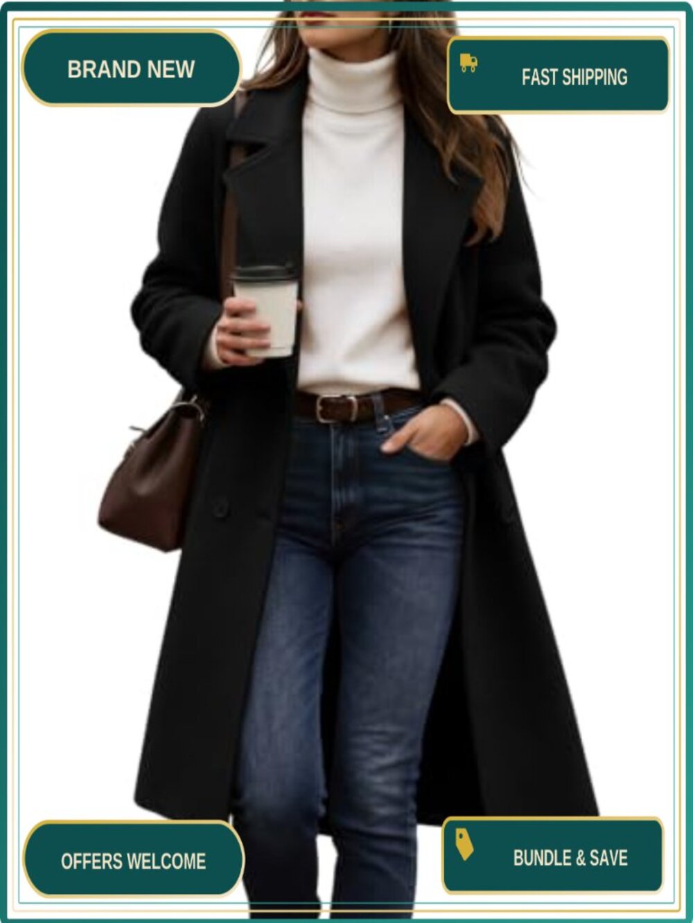 Womens Winter Peacoat Notch Lapel Double Breasted Mid-Long Coat